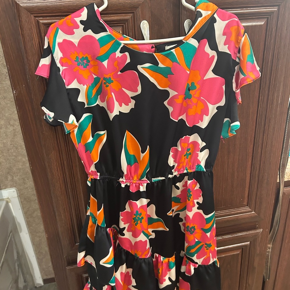 Black Floral Tiered Dress with Pink & Orange Blooms